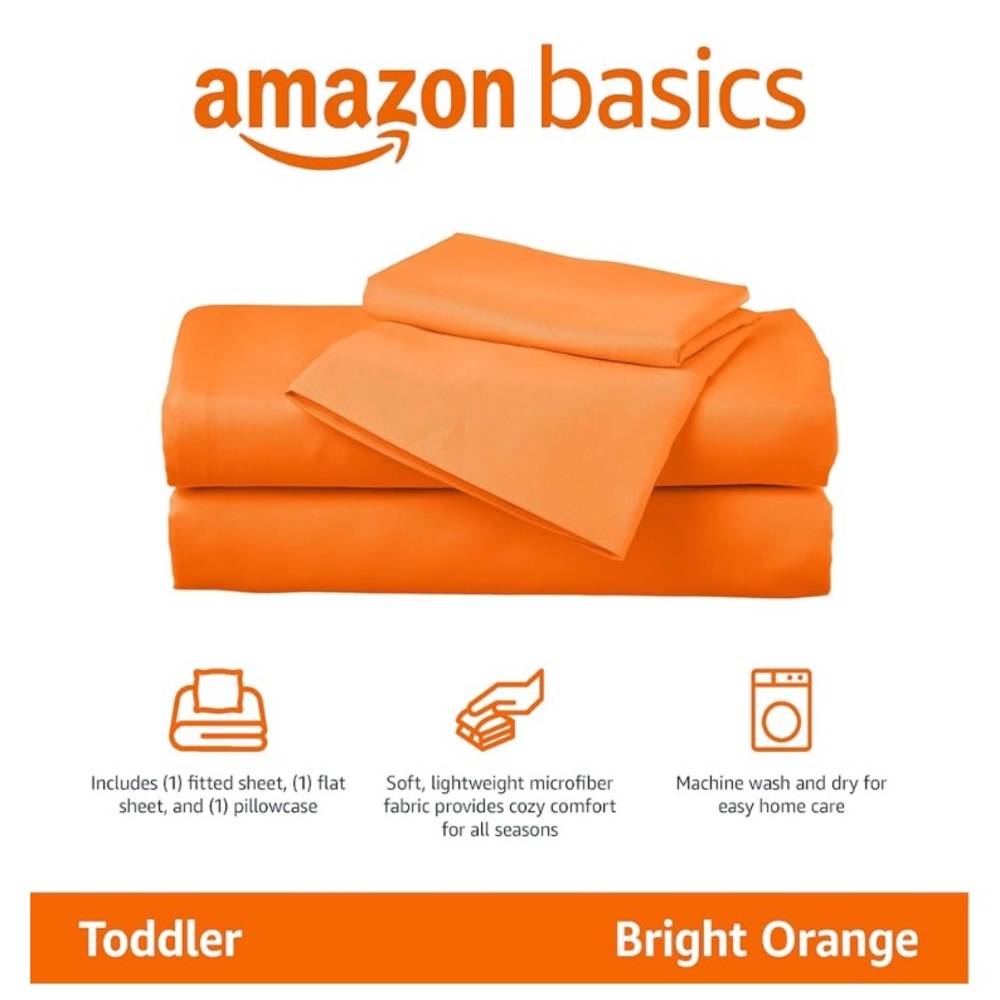 New in box Amazon Basics Kid's 3-Piece Sheet Set, Toddler, Bright Orange, Solid